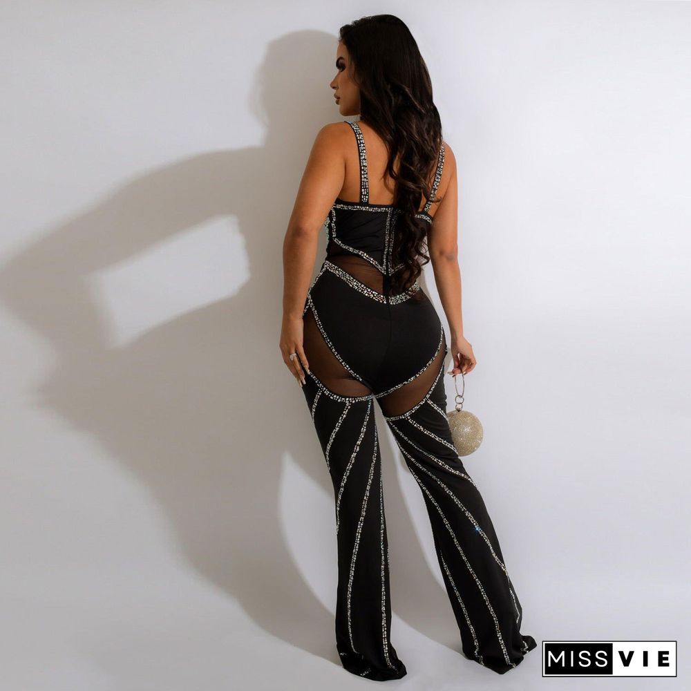 Deep V Backless Sling Hot Drilling Nightclub Jumpsuit