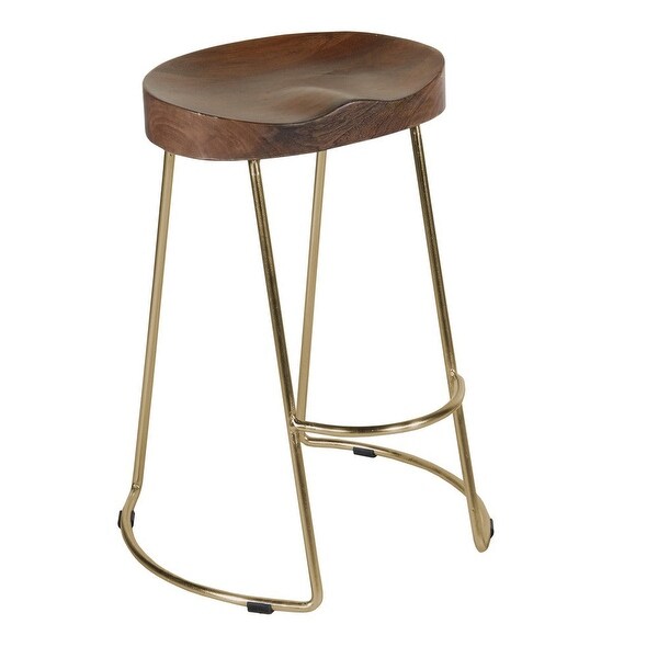 Farmhouse Counter Height Barstool with Wooden Saddle Seat and Tubular Frame， Small