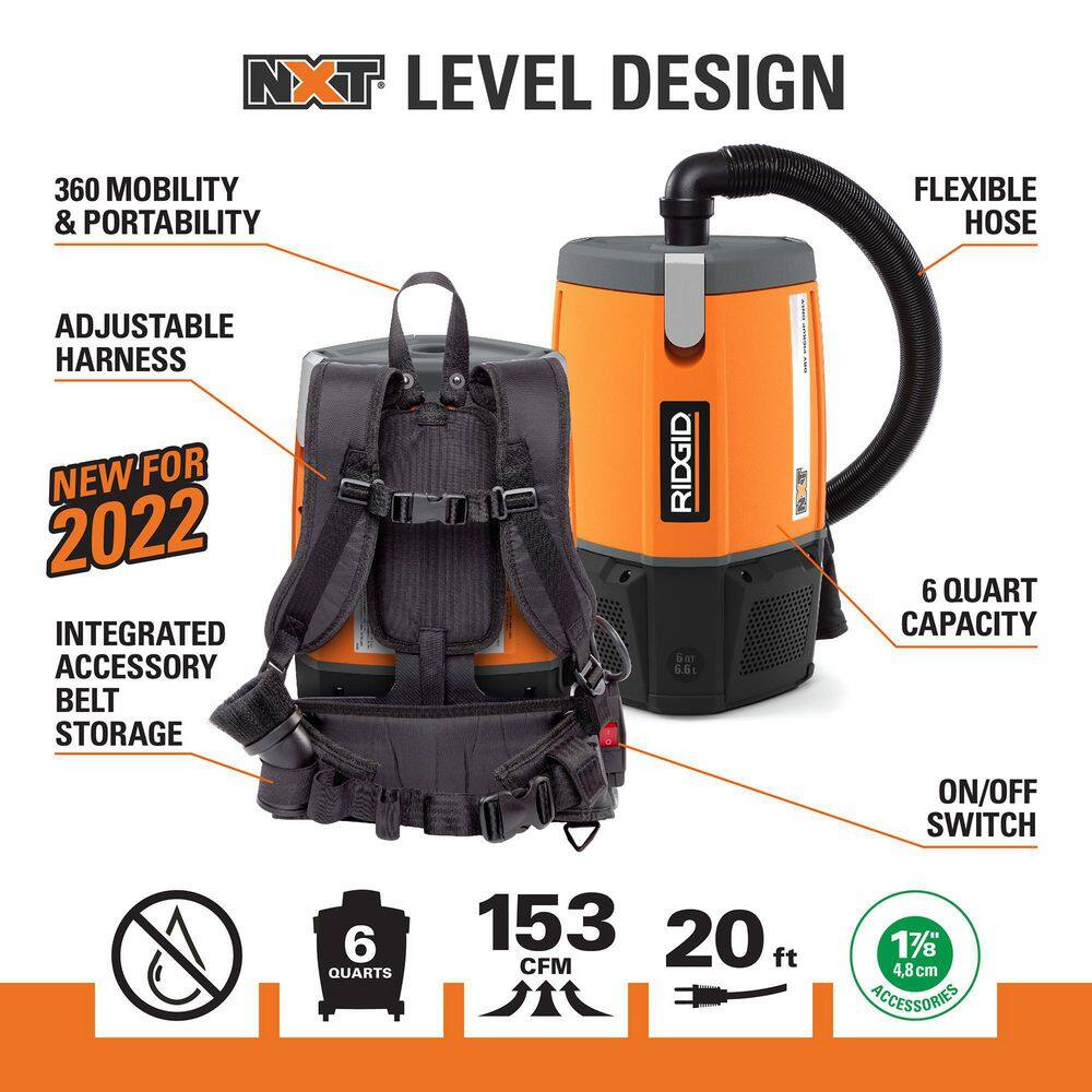 RIDGID 6 Qt. NXT Backpack Vacuum Cleaner with Filters and Locking Accessories for Dry Applications HDB600