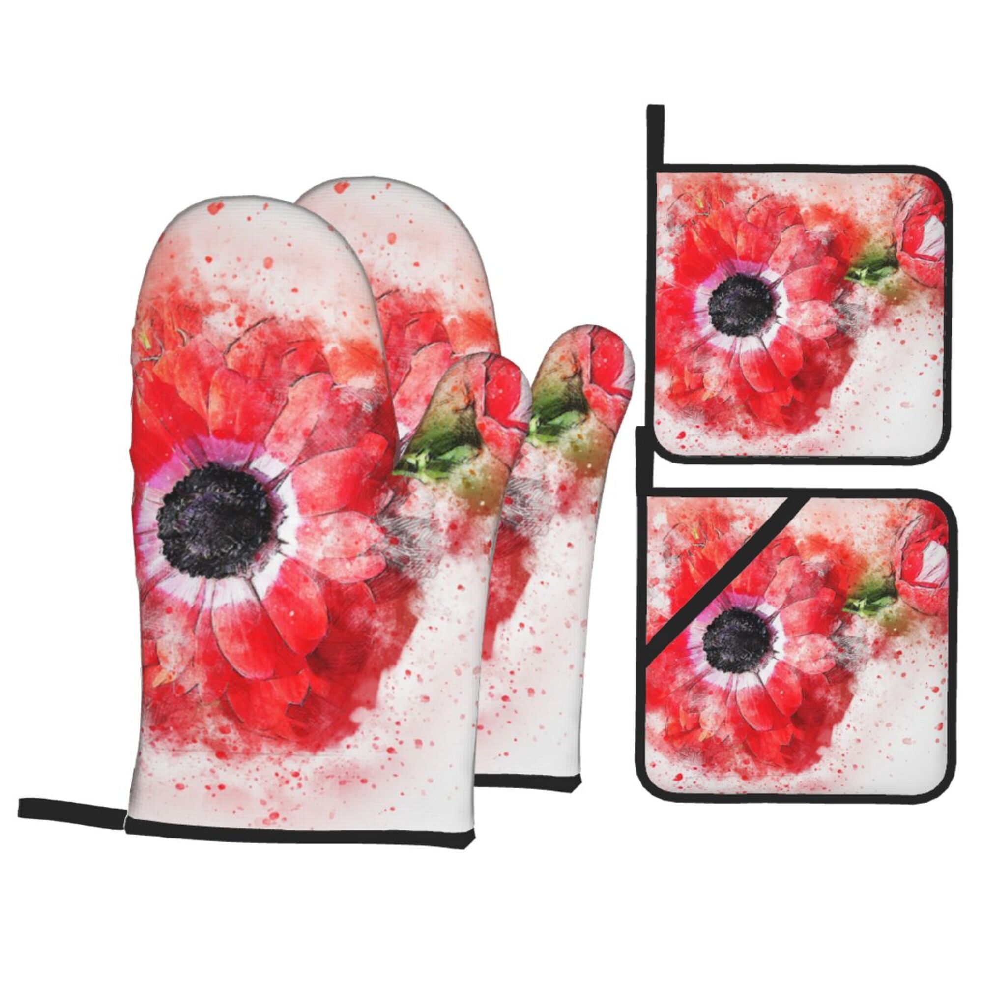 YFYANG Oven Mitts and Pot Holders Sets 4 Pieces， Non-Slip Heat Resistant Watercolor Red Flower Art Kitchen Glove Pot Mat for Cooking and Baking