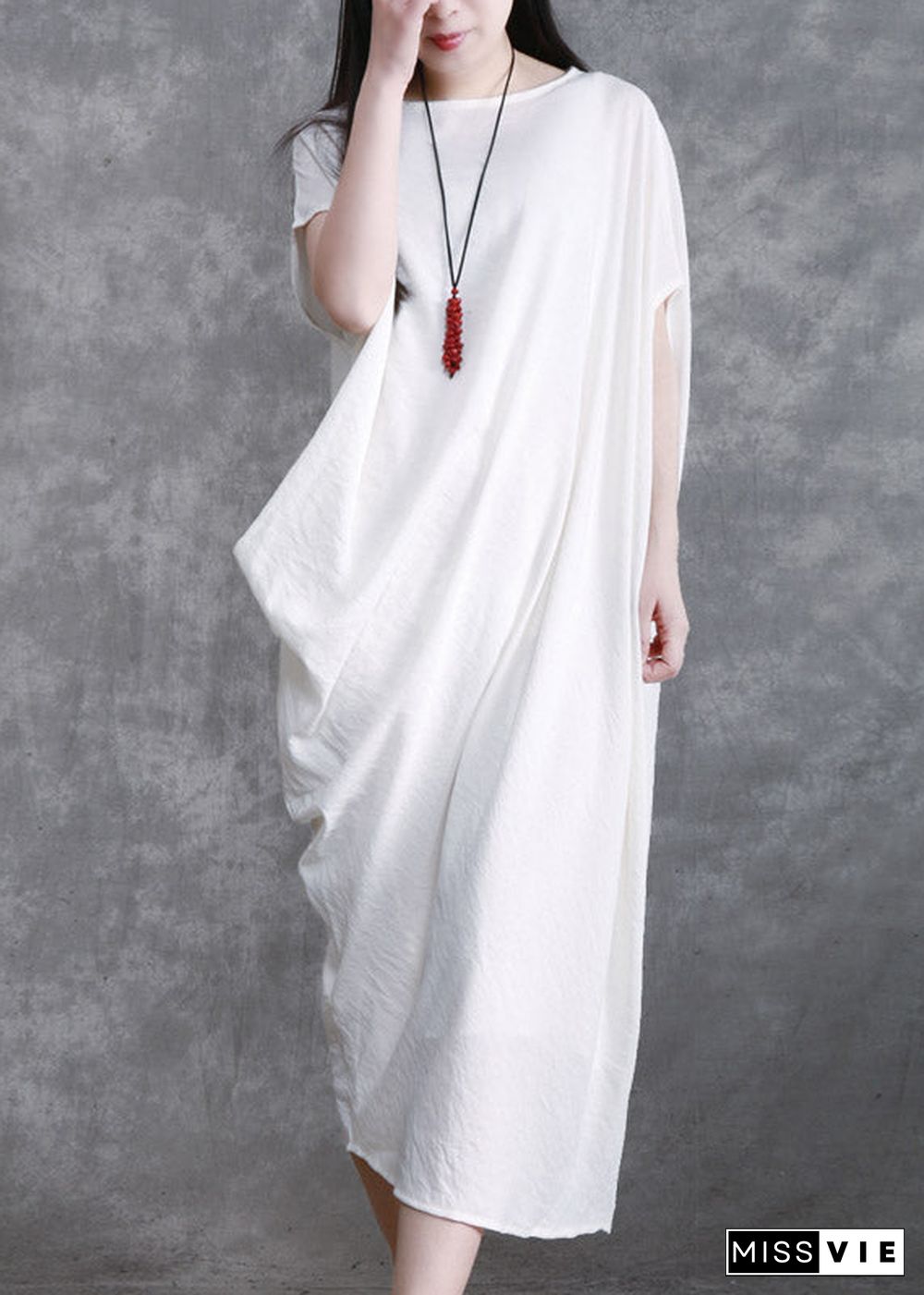 Plus Size White O-Neck Asymmetrical Wrinkled Linen Dress Short Sleeve