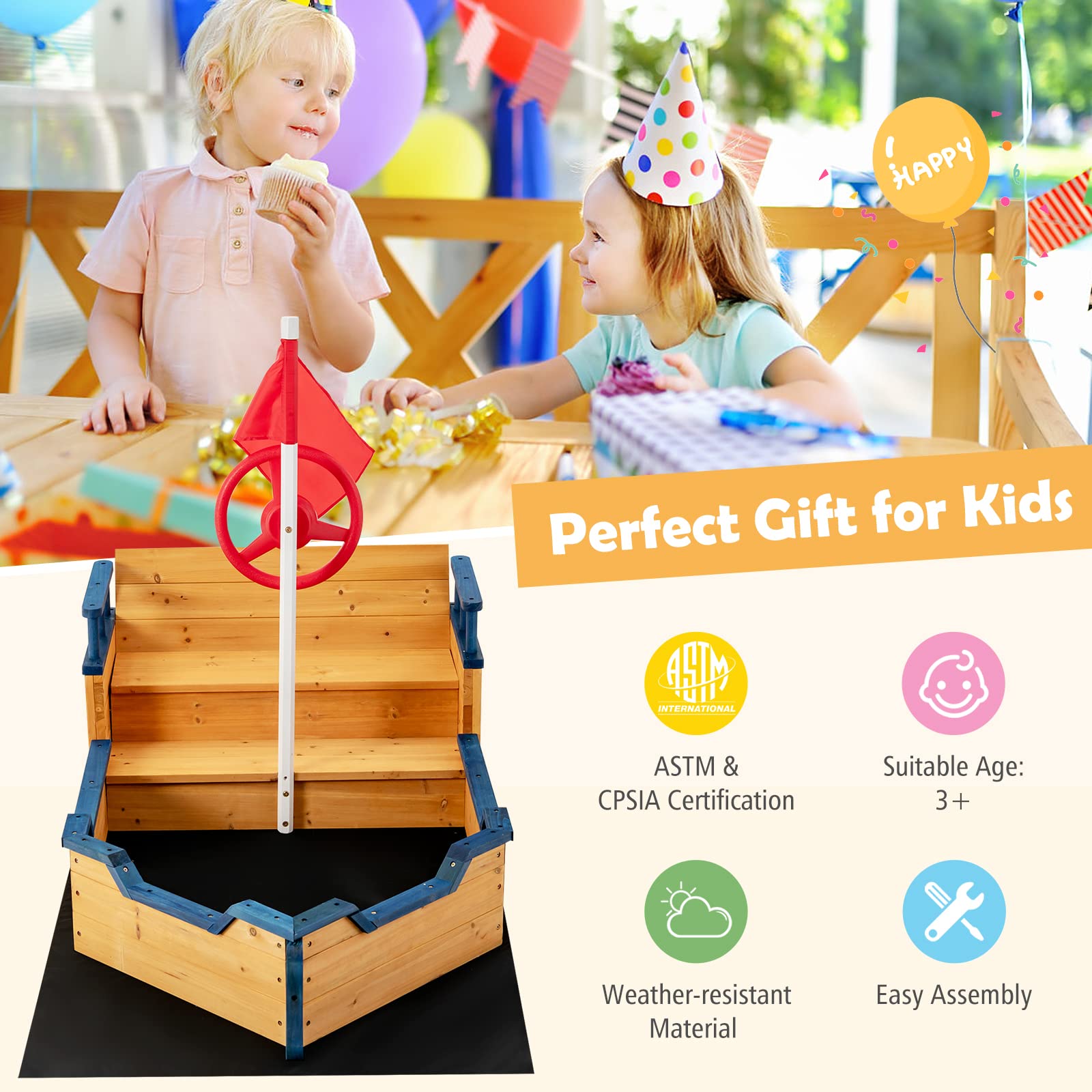 Costzon Pirate Boat Wood Sandbox for Kids, Wooden Pirate Sandpit w/Bench Seat