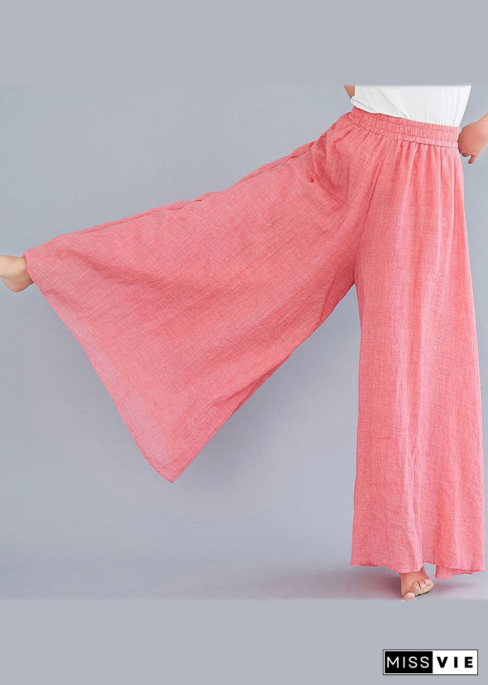 Pink Linen Wide Leg Pants High Waist Wrinkled Summer