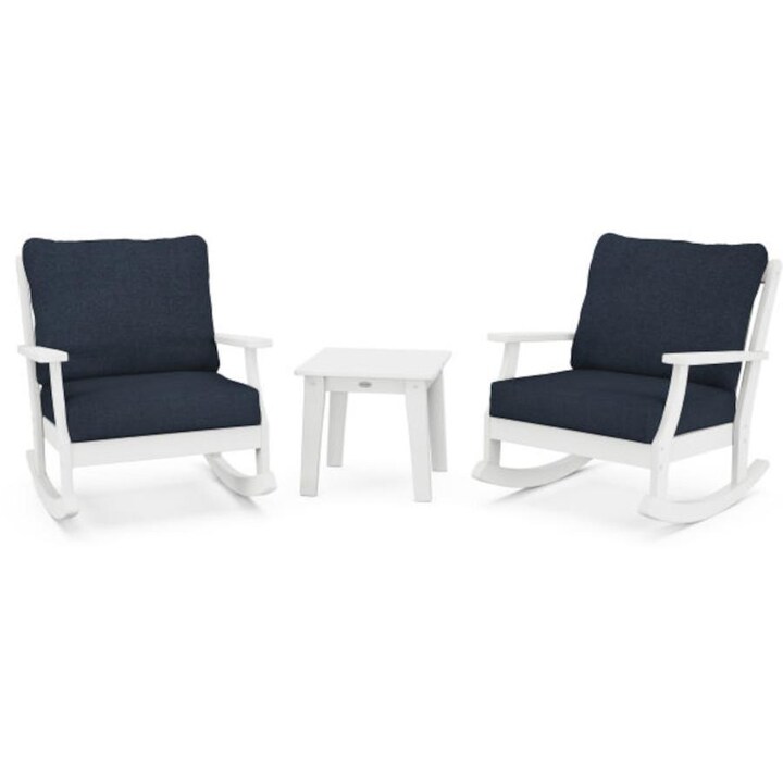 POLYWOOD Braxton 3-Piece Deep Seating Rocker Set in White / Marine Indigo