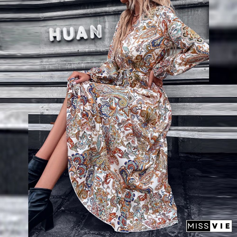 Fashion Vintage Pattern Print A-Line Loose Dress Female Casual V-Neck Long Sleeve Maxi Dress Autumn Ruffle Office Pleated Dress