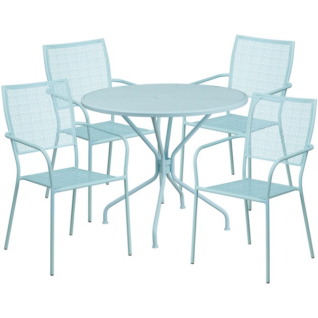 Round Indoor outdoor Steel Patio Table Set With 4 Square Back Chairs