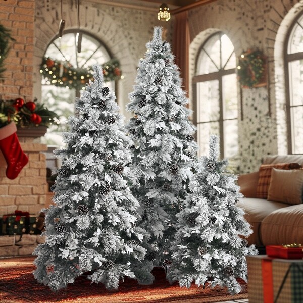 4FT，6FT，7.5FT PreLit Snow Flocked Tree Set with 820 LEDs and Pine Cones