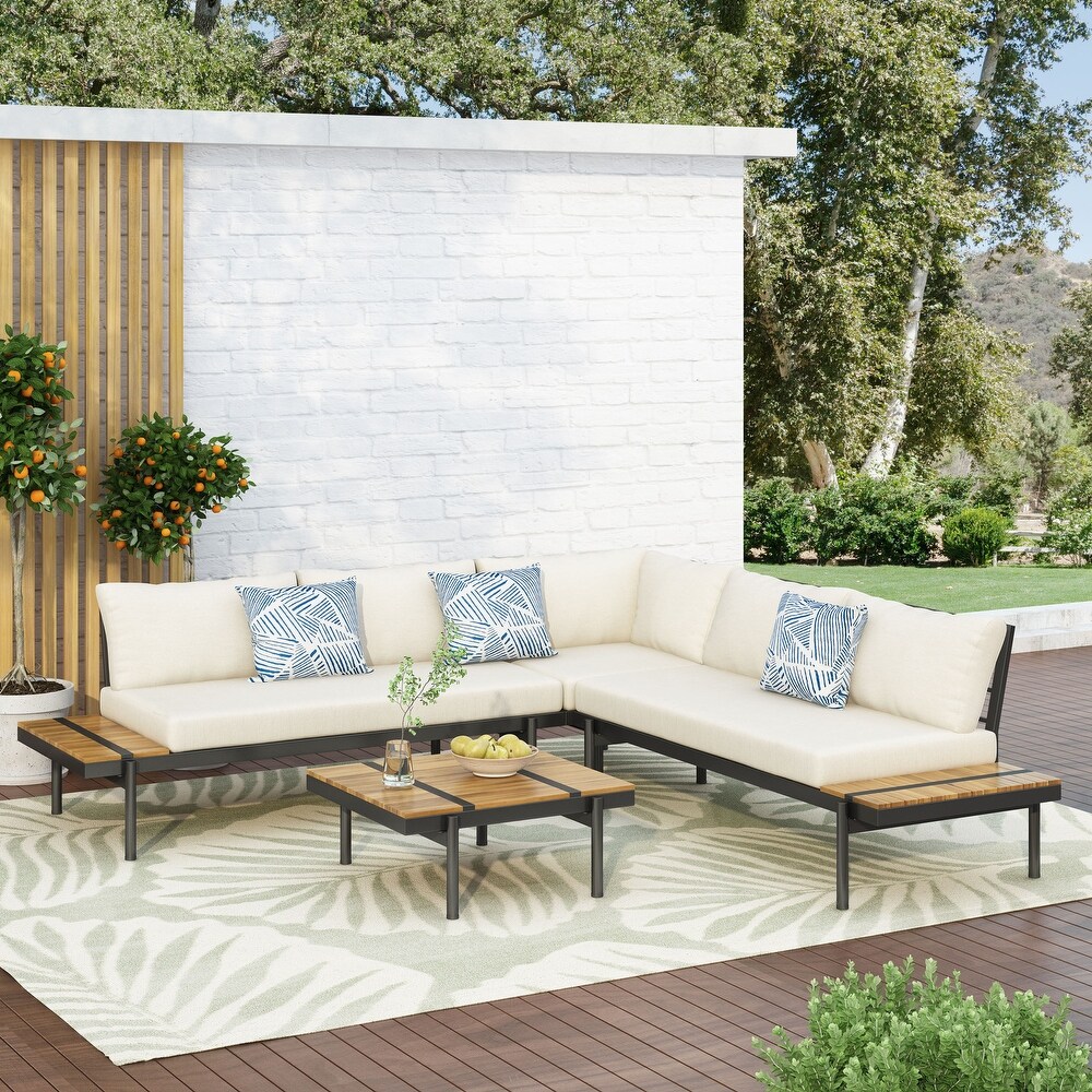 The Outdoor Acacia 5 seat Sectional Sofa Set w/ Water resistant Cushions by Christopher Knight Home