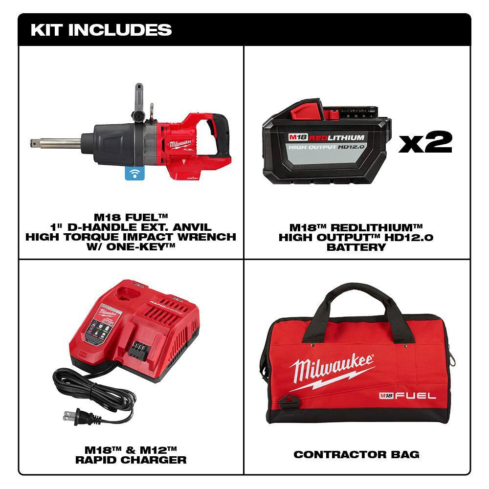 MW M18 FUEL 18V Lithium-Ion Brushless Cordless 1 in. Impact Wrench Extended Reach D-Handle Kit wTwo 12.0 Ah Batteries 2869-22HD