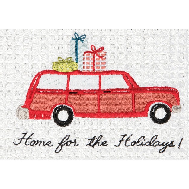 X 18 quot quot home For Holidays quot Sentiment With Red Station Wagon Car Cotton Embroidered amp Waffle Weave Kitchen Dish Towel