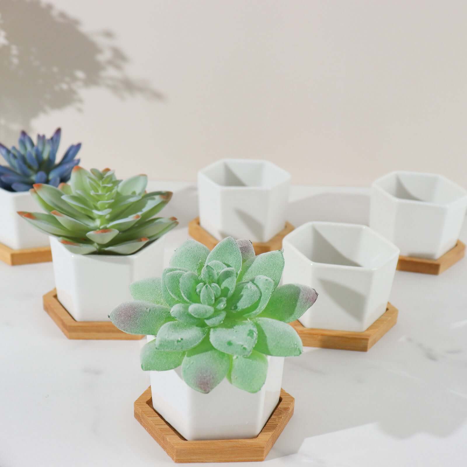 6 Pack White Geometric Hexagon Ceramic Planter Pots, Bamboo Tray Base w/ Drainage Hole, Cactus and Succulent Planters With Removable Bottom 3