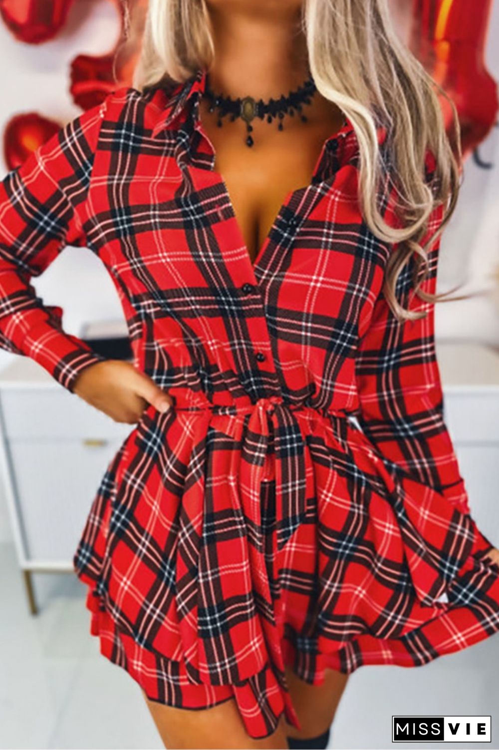 Casual Plaid Print Patchwork Turndown Collar Shirt Dress Dresses