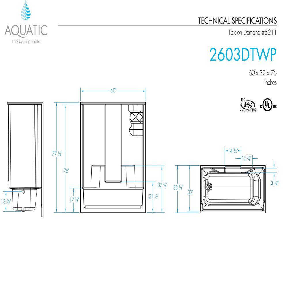 Aquatic Everyday 60 in. x 32 in. x 76 in. 1-Piece Bath and Shower Kit with Left Drain in White 2603DTL-WHHD