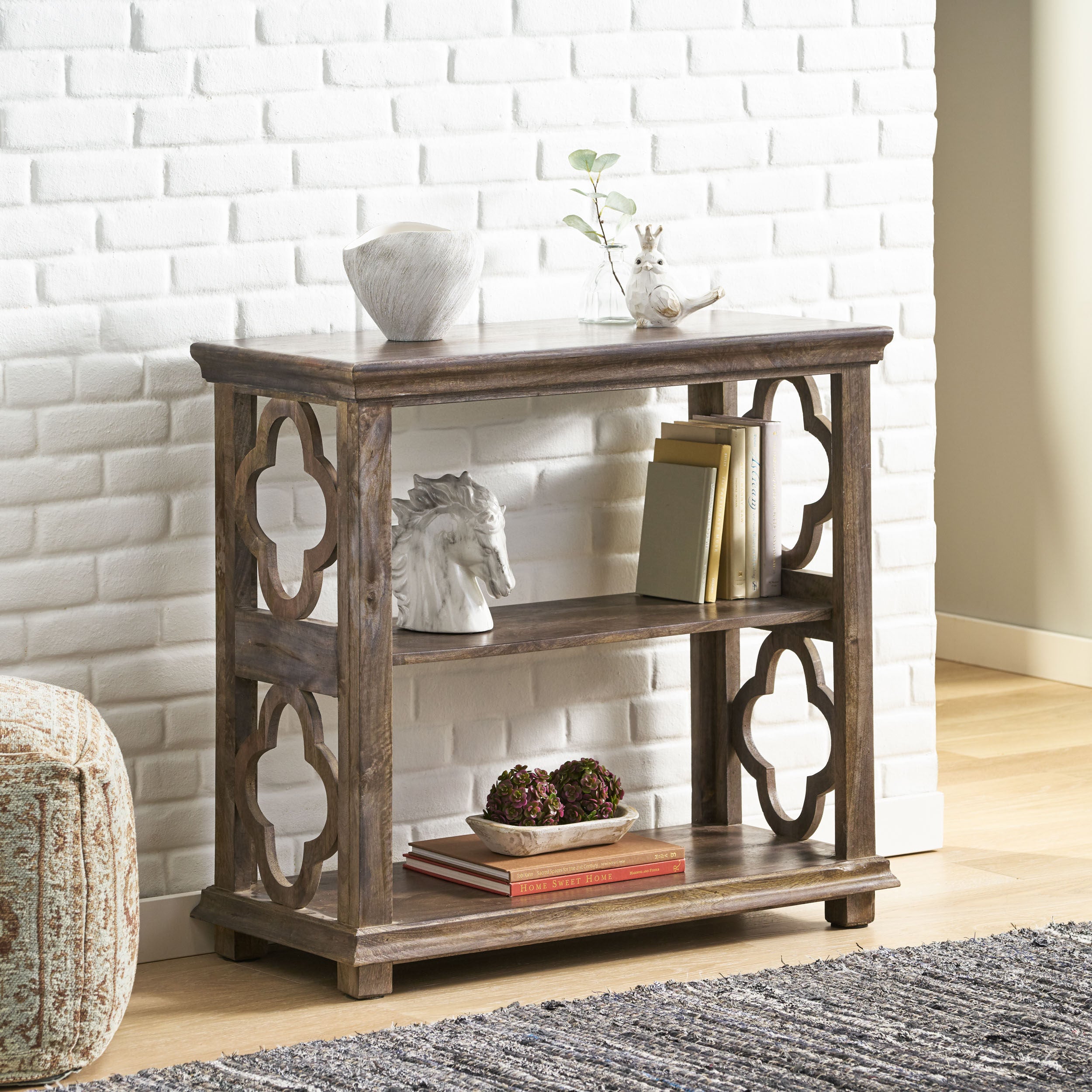 Castalia Traditional Handcrafted 2 Shelf Mango Wood Etagere Bookcase, Gray