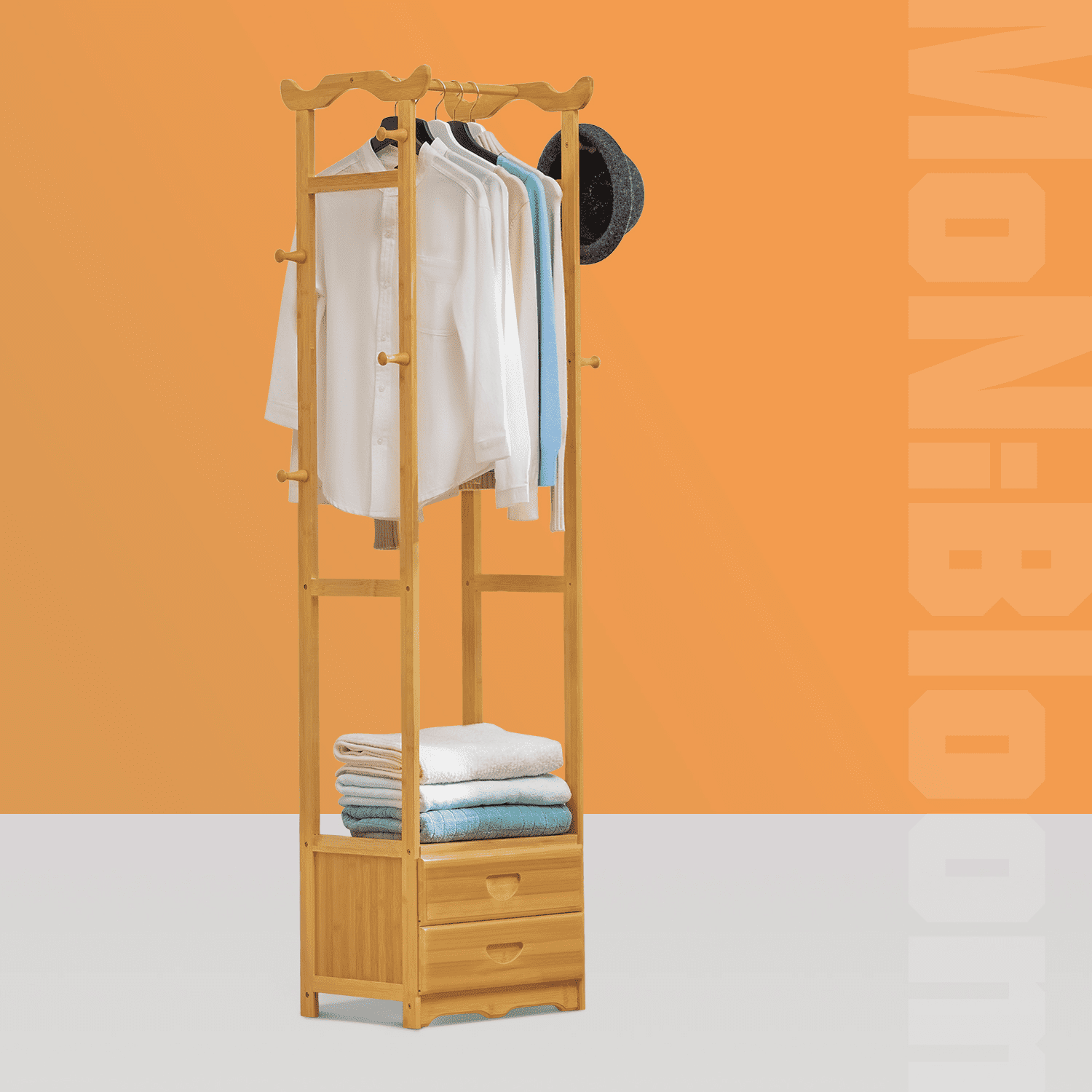 MoNiBloom Bamboo 2 Tiers 2 Drawers Coat Rack， Modern Clothes Storage Shelf， Natural， for Bedroom