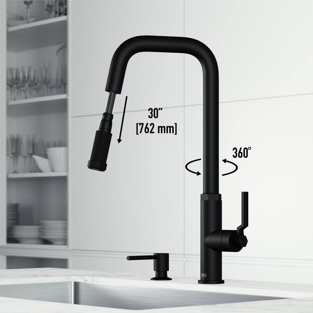 VIGO Hart Angular Single Handle Pull-Down Spout Kitchen Faucet Set with Soap Dispenser in Matte Black VG02036MBK2