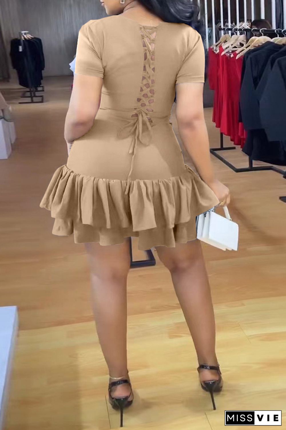 Khaki Sexy Casual Solid Flounce O Neck Cake Skirt Dresses