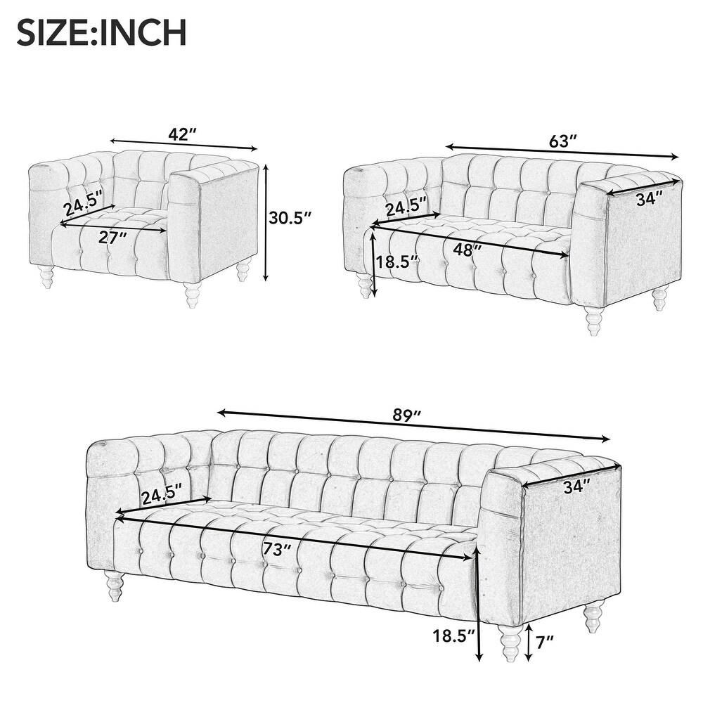 3 Piece Dutch Fleece Upholstered Sectional Sofa Set  3 Seater Tufted Sofa Loveseat Single Sofa Chair Set with Tapered Wood Legs