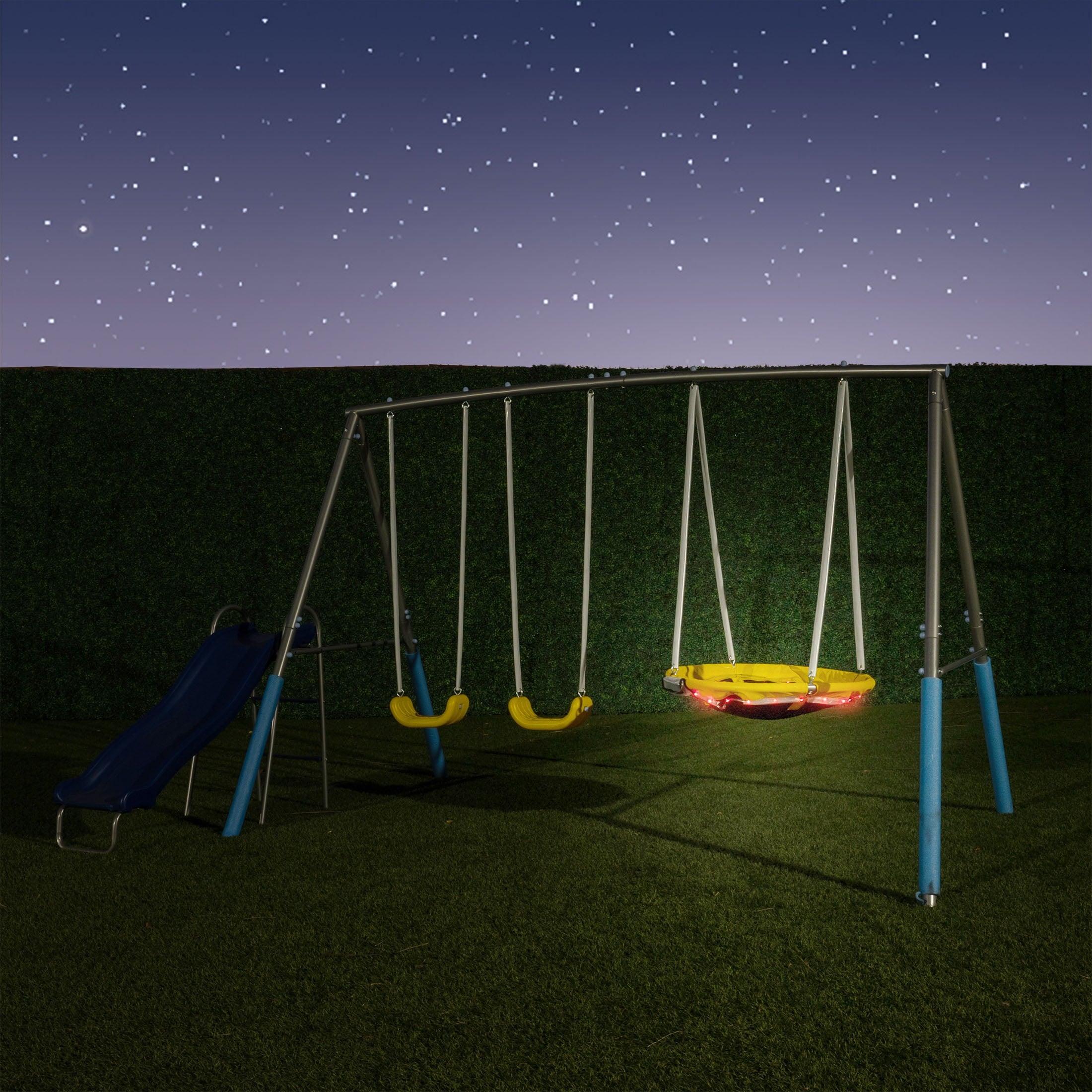 Sportspower Comet Metal Swing Set with LED Light up Saucer Swing， 2 Swings and 5ft slide