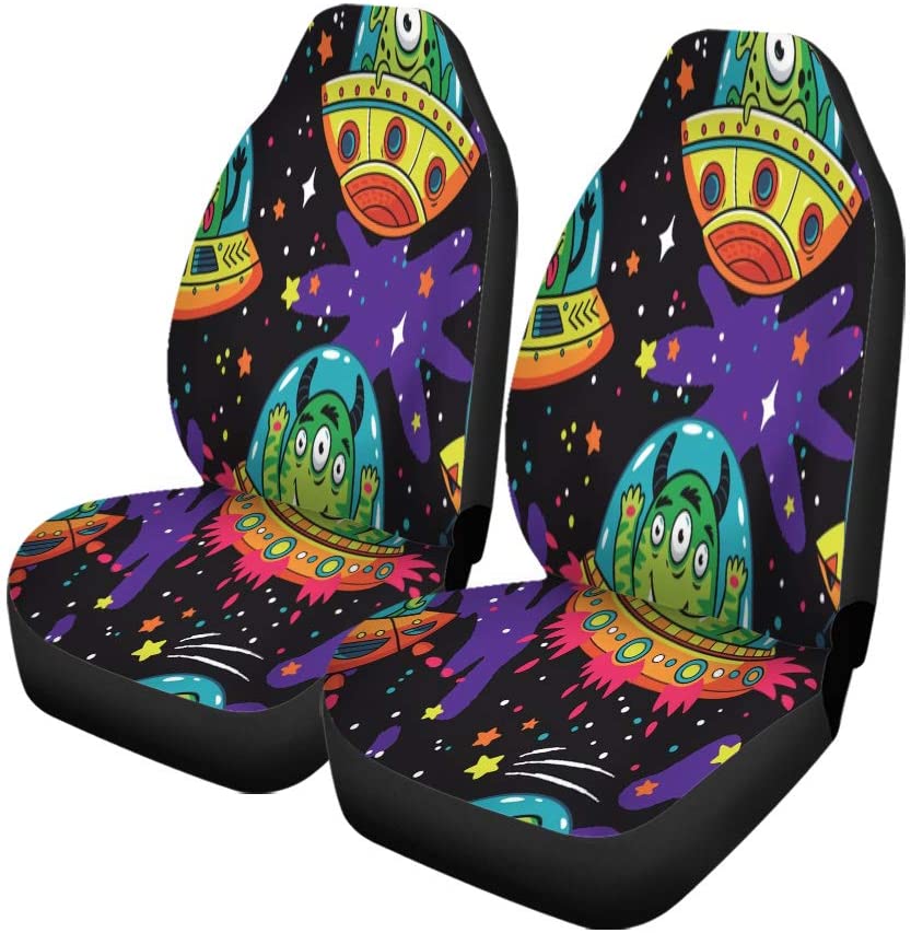 FMSHPON Set of 2 Car Seat Covers Crazy Cartoon Alien Monsters in The Spaceships UFO Pattern Universal Auto Front Seats Protector Fits for Car，SUV Sedan，Truck