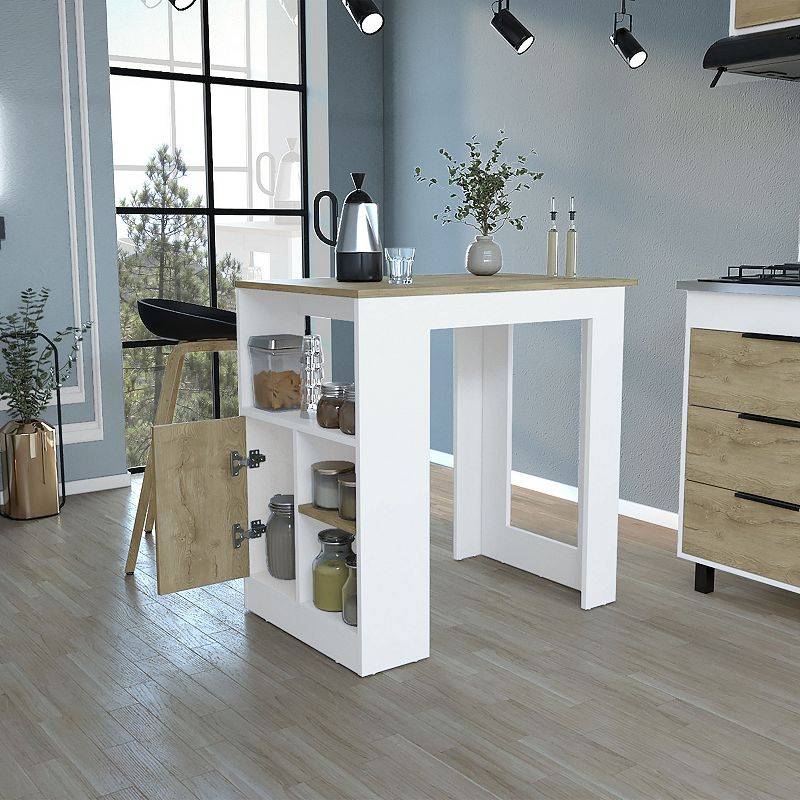 DEPOT E-SHOP Masset Kitchen Island with Side Shelves and Cabinet， White / Macadamia