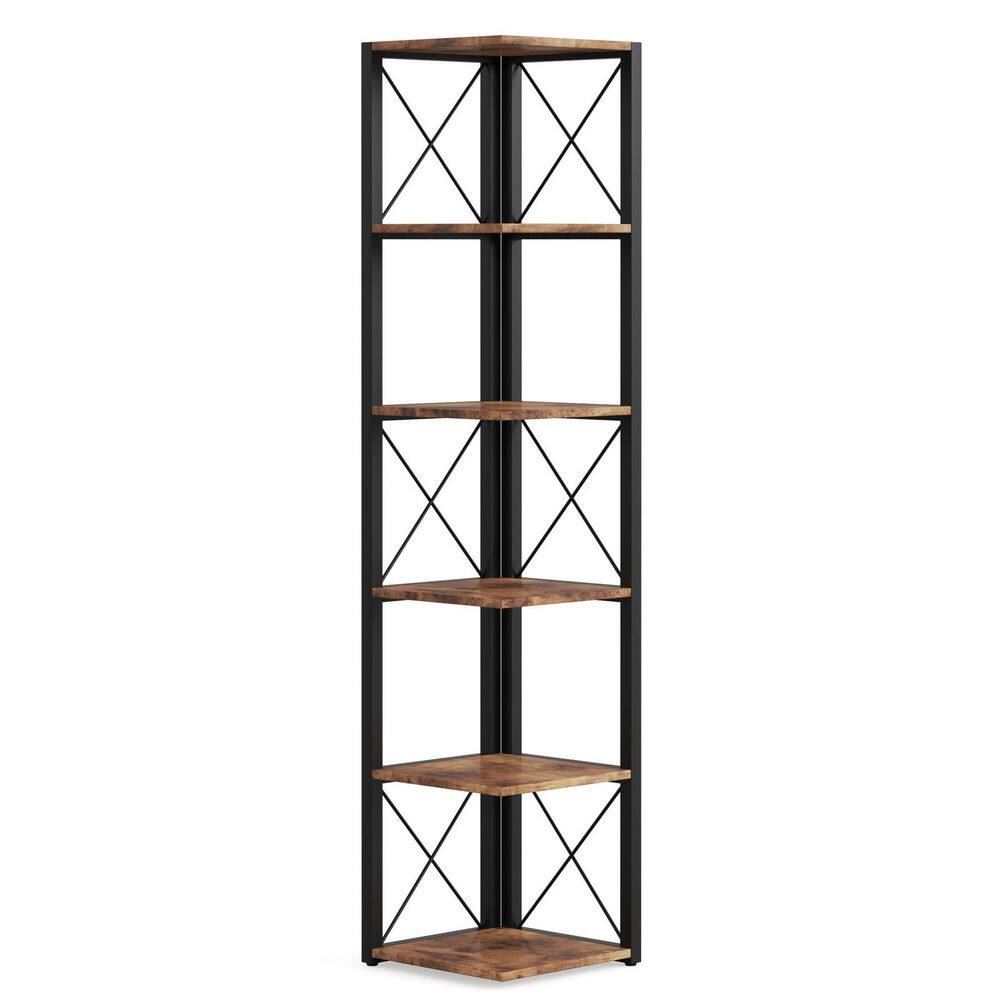 TRIBESIGNS WAY TO ORIGIN Jannelly 70.8 in. Rustic Brown Wood and Black Metal Frame 6 tier Radial Corner Shelves Bookcase Storage Rack Plant Stand HD-F1356-WZZ