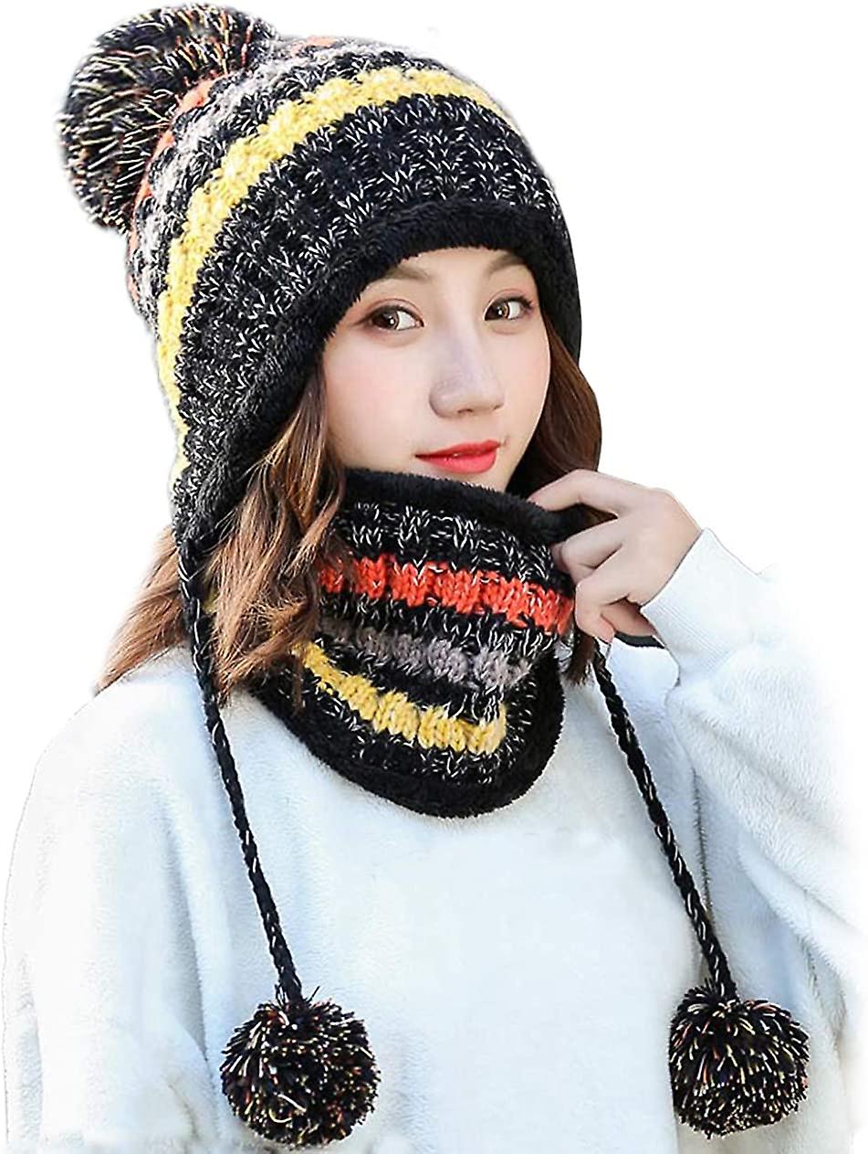 Women Winter Beanie Hat Peruvian Circle Scarf Set Ski Ear Flaps Caps Dual Layered Fleece Lined Pompoms A3-m8771-black -