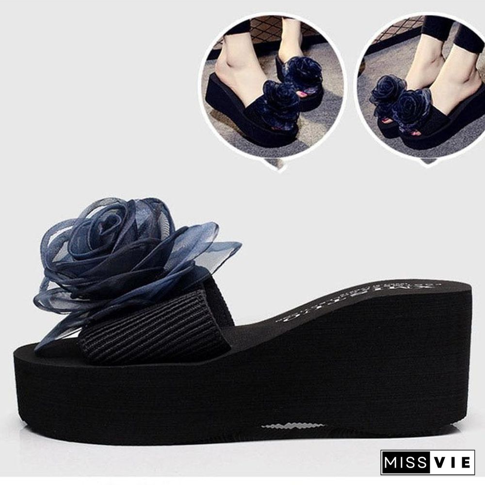 Women Flowers Platform Sandals Slippers High Heel Flip-flops Beach Shoes