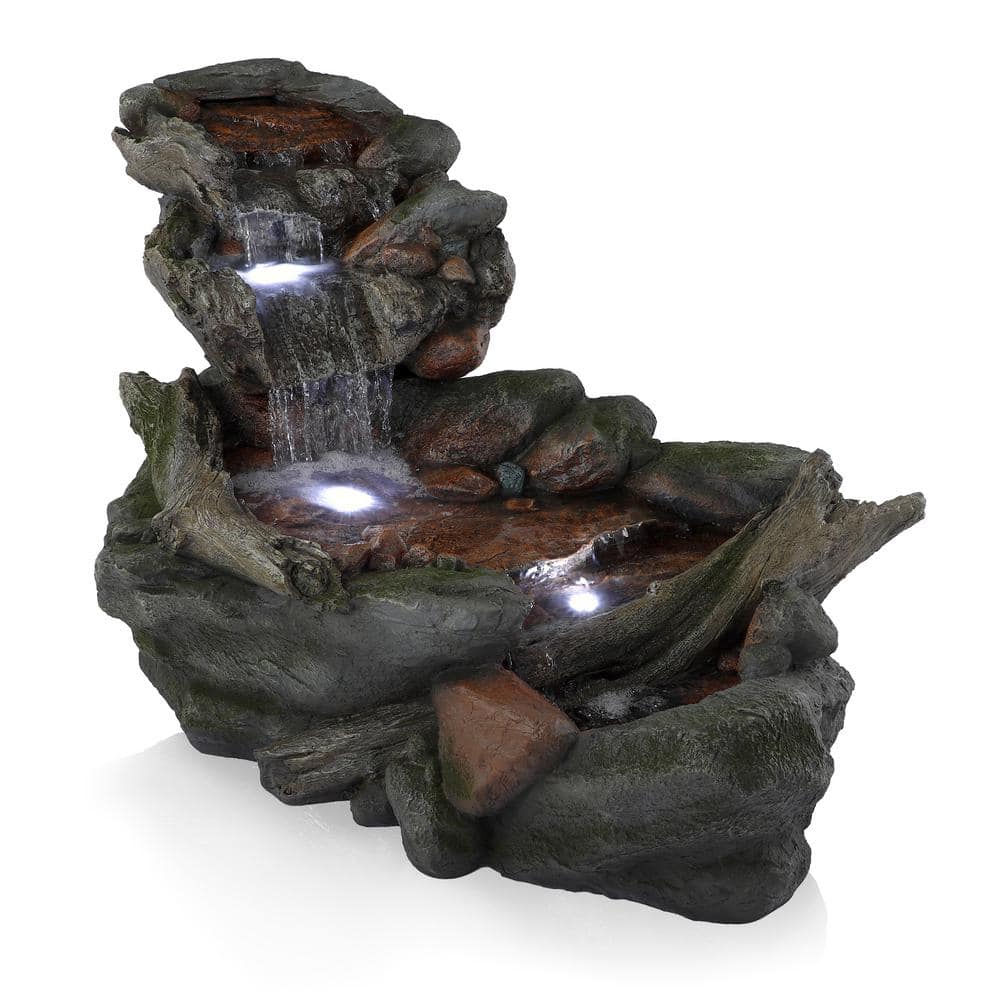 Alpine Corporation 60 in. Long Outdoor 3-Tier Rainforest Rock River Water Fountain with LED Lights WIN558