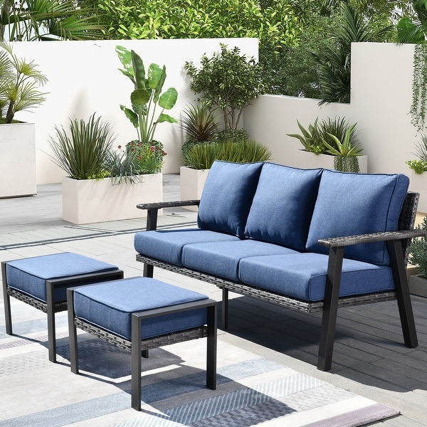 OVIOS Outdoor 3piece Wicker Sectional Sofa Set With Ottoman Steel Frame