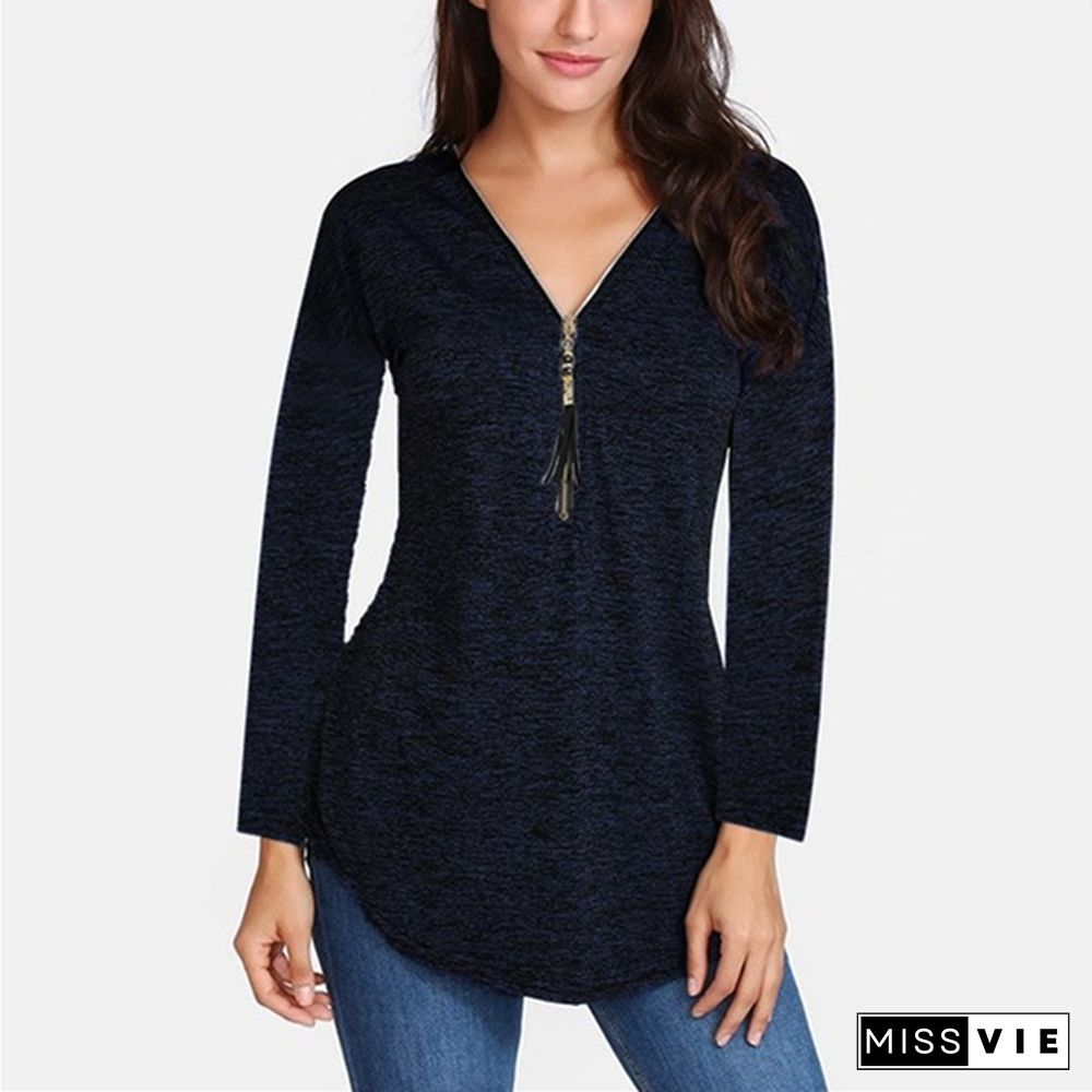 S-5XL Women Autumn Plus size Casual Loose V-neck Zippers Long sleeves Pure color Tops T shirts