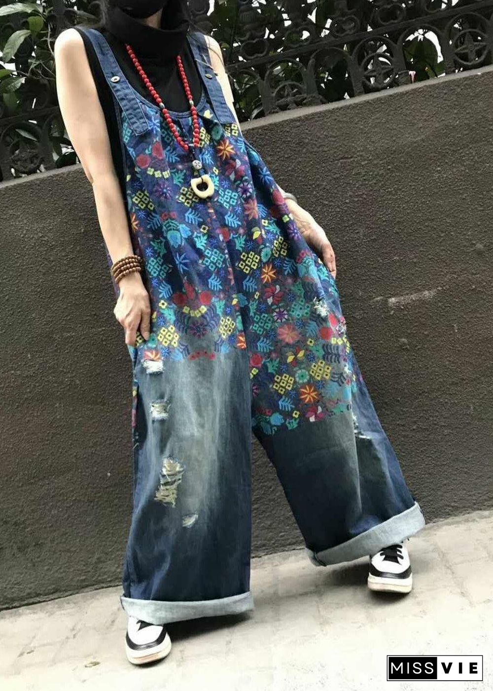 Boutique Print Blue Jeans Overall Jumpsuit