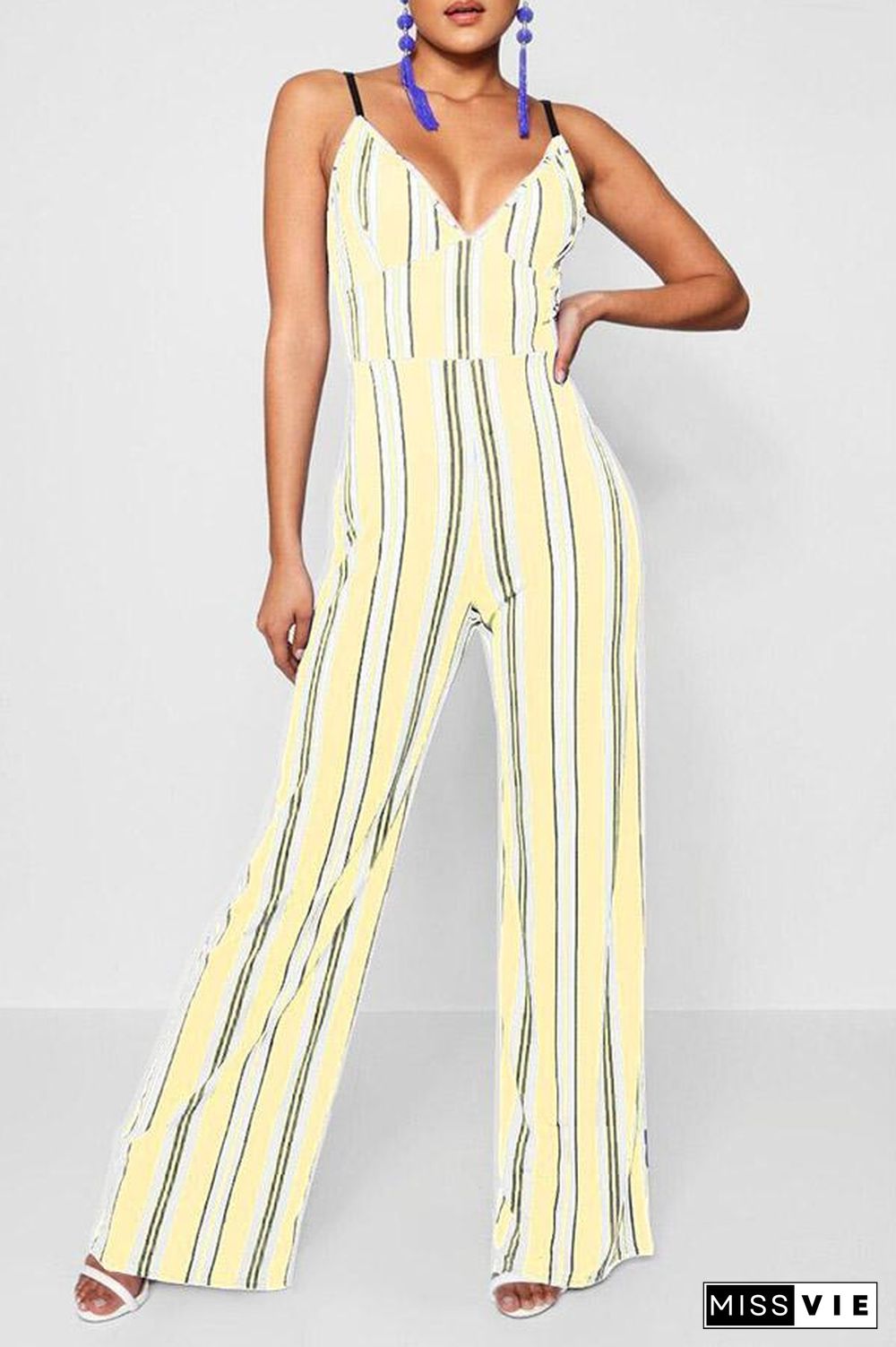 Mixed Color Stripe Printed Open Back Jumpsuit