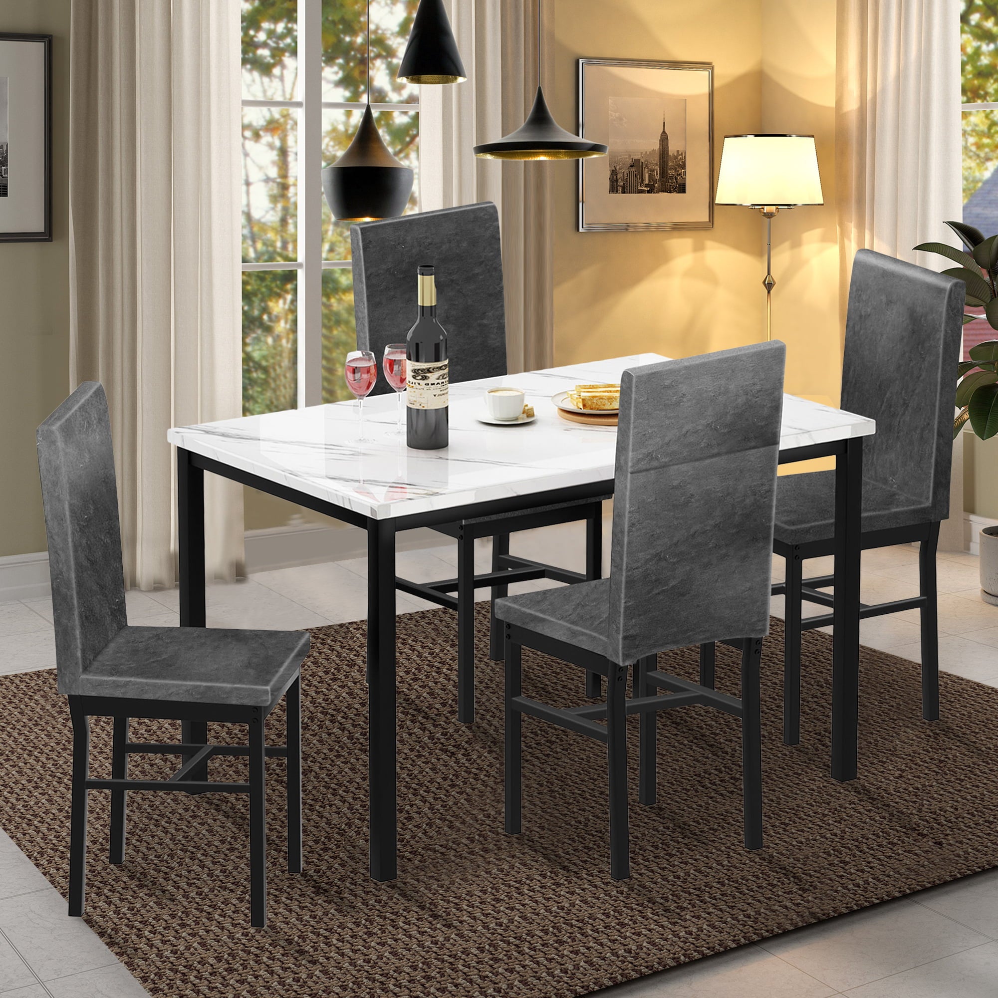 paproos Dining Table Set for 4, Modern 5-Piece Kitchen Table Set with Marble Top and Faux Leather Upholstery Chairs, Heavy Duty Dinette Sets for Breakfast Nook, Dining Room Table and Chairs, Gray