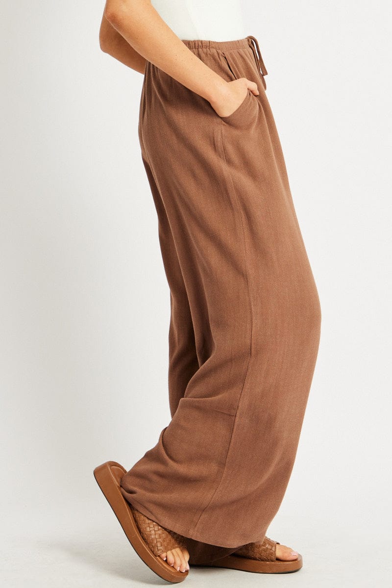 Brown Wide Leg Pants High Rise