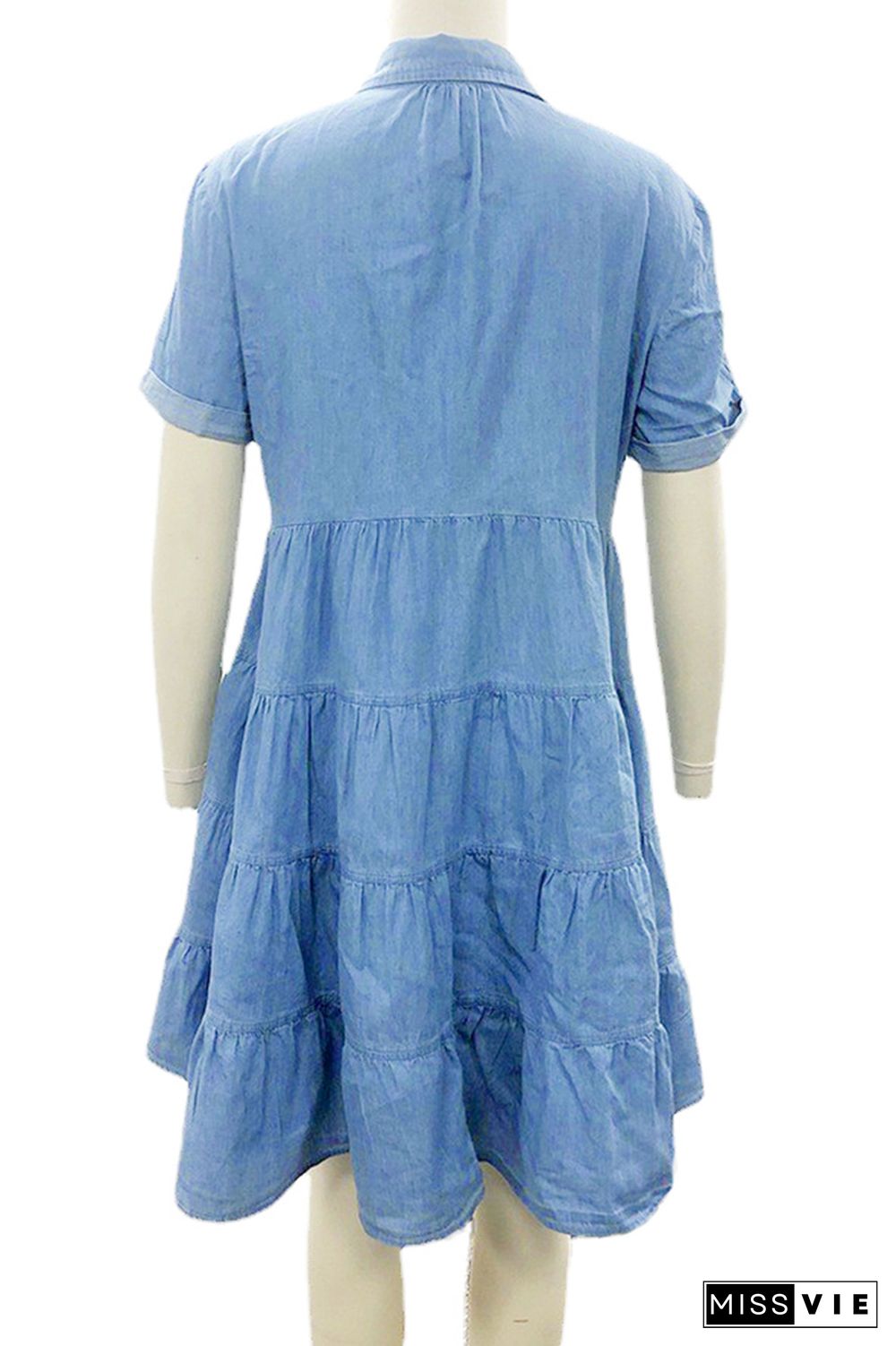 Turn-down Collar Short Sleeve Single-breasted Denim Dress Wholesale