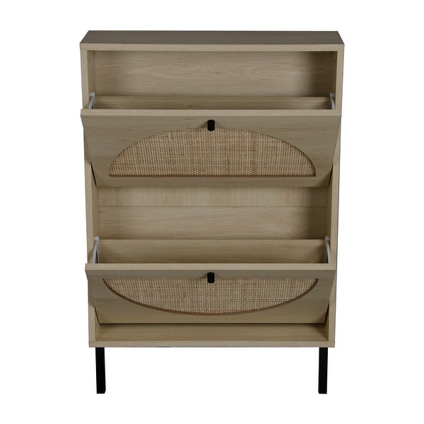 Rattan Shoe Organizer Storage Cabinet-Natural Wood - - 35610772