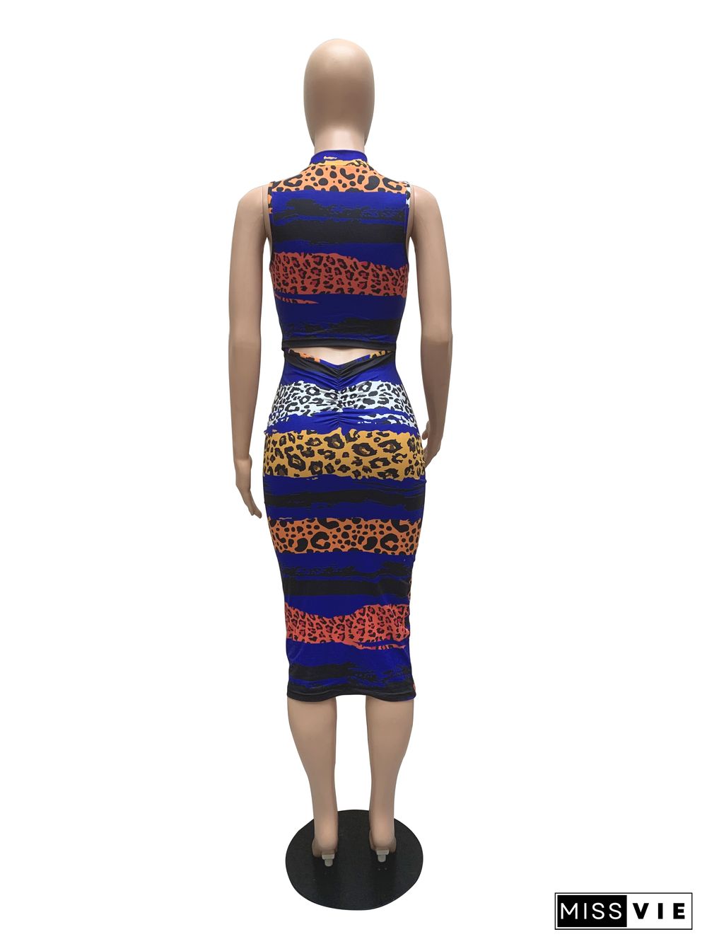 Sleeveless Leopard Print O-Neck Bodycon Pencil Dress