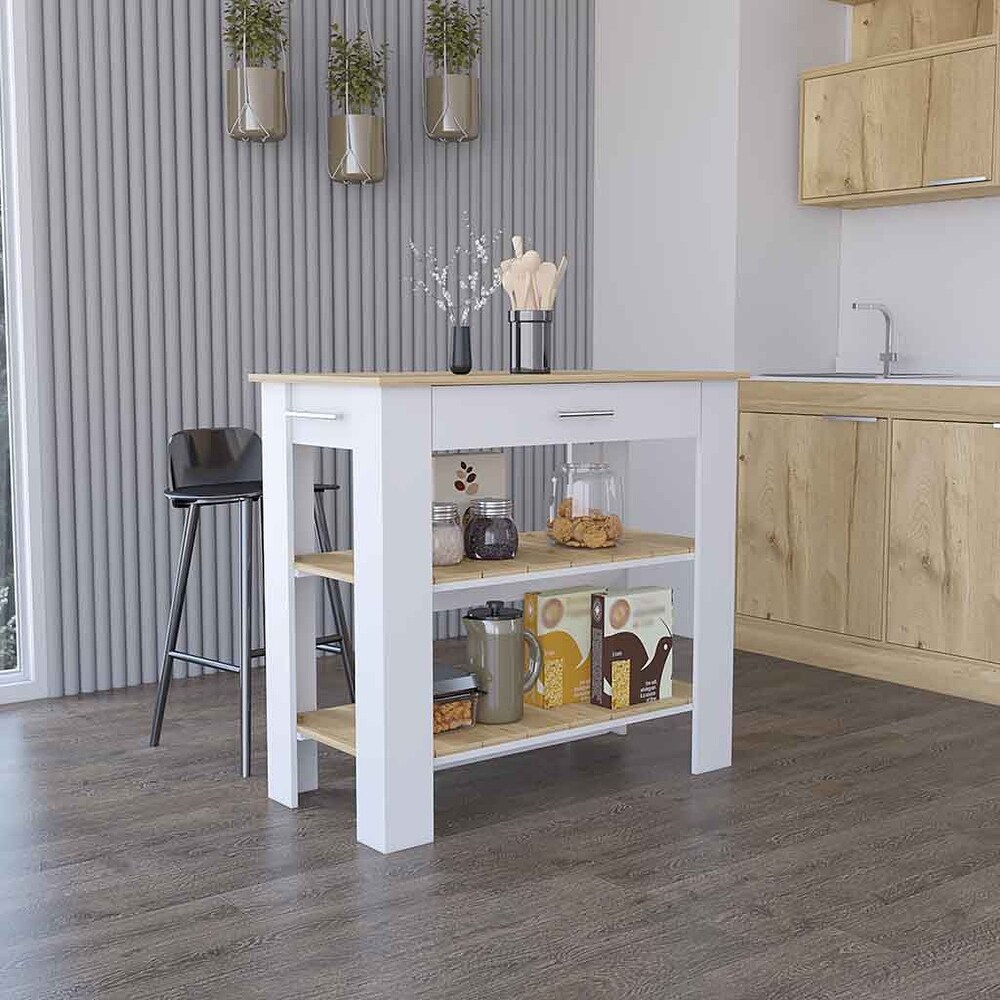 Kitchen Island 40 Inches Dozza Two Shelves  White / Light Oak High quality and durable