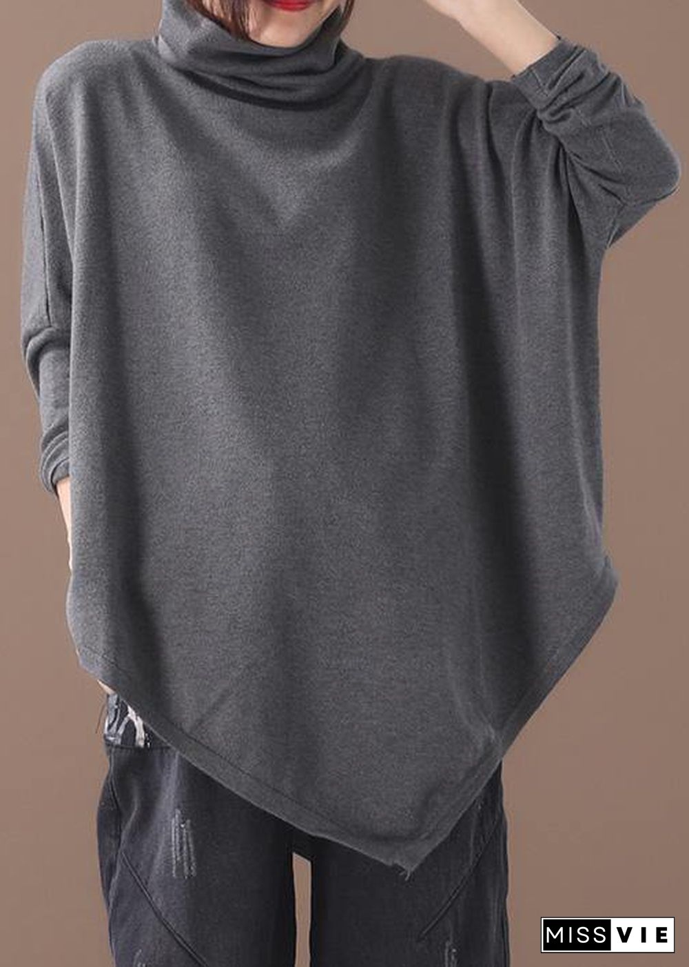 diy asymmetric hem cotton high neck shirts Work gray blouse