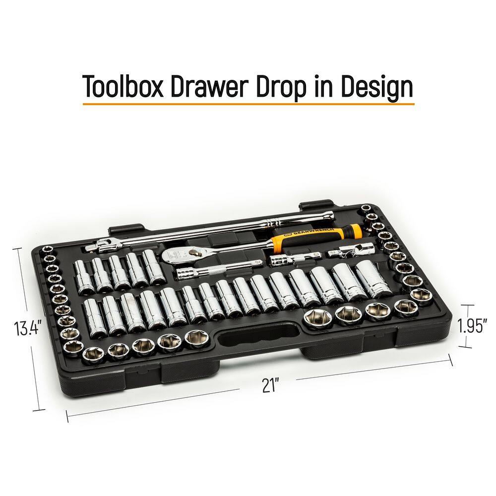 GEARWRENCH 14 in. 38 in. and 12 in. Drive 90-Tooth Standard and Deep SAEMM Ratchet and Socket Set (163-Piece) 8586789CB