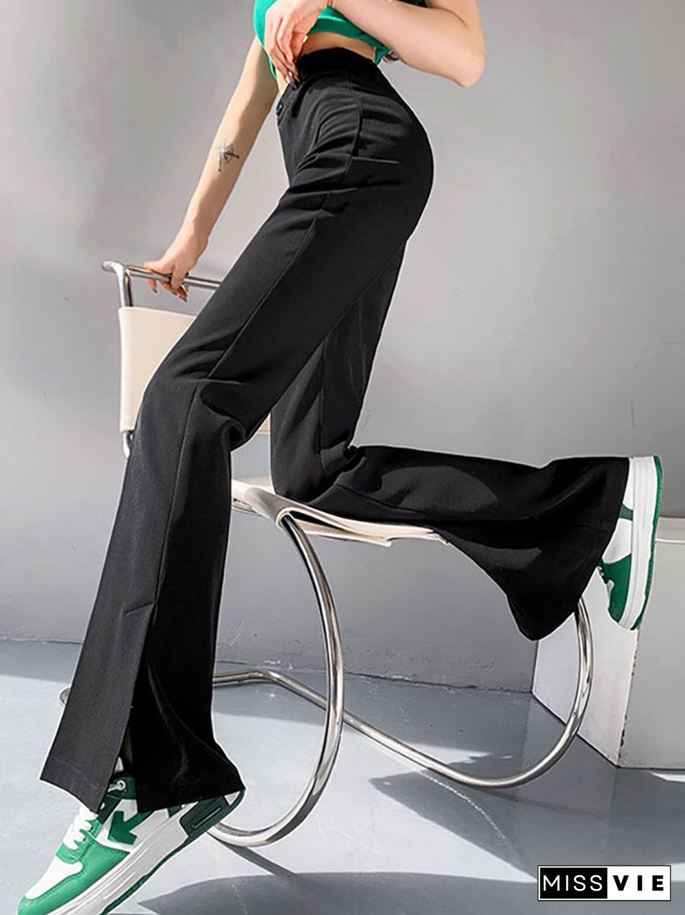 High Waist Solid Double Slit Hem Casual Pants