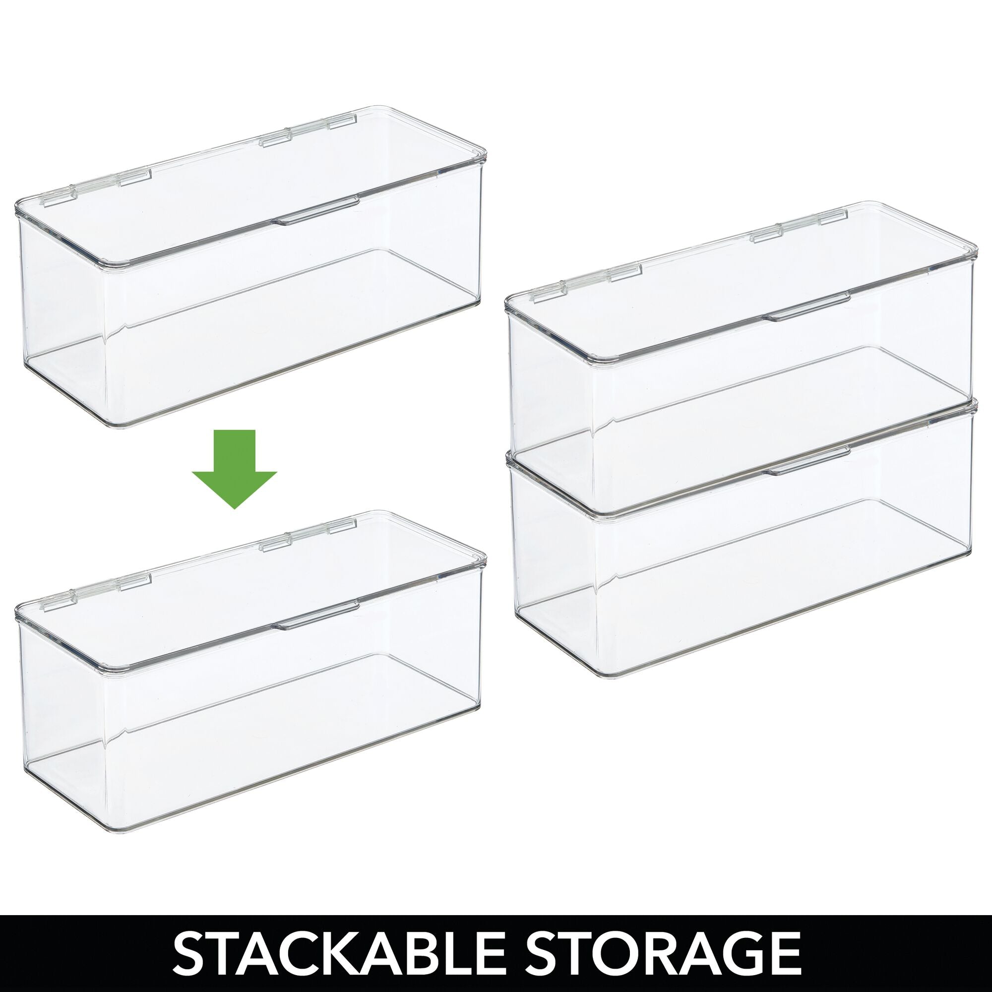 mDesign Stackable Plastic Kitchen Pantry Cabinet/Refrigerator Food Storage Container Box with Lid - Organizer for Packets, Snacks, Produce, Pasta - 4 Pack - Clear