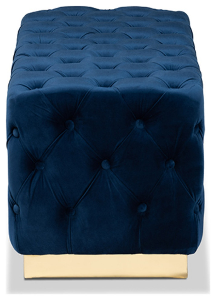 Navy Blue Velvet Fabric Upholstered and Gold PU Leather Ottoman   Contemporary   Footstools And Ottomans   by Fratantoni Lifestyles  Houzz