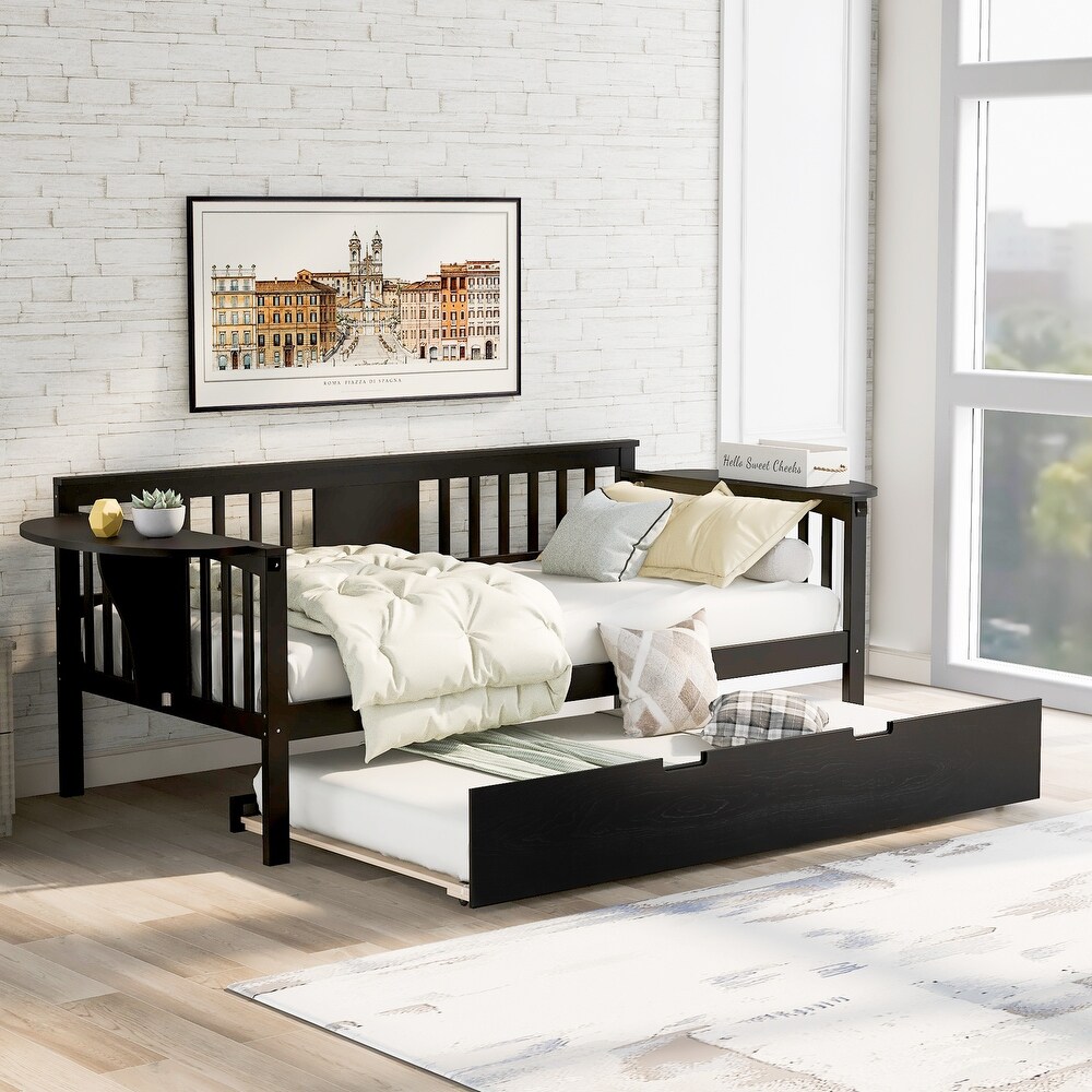 Espresso Pine Daybed with Trundle Bed  Small Side Tables