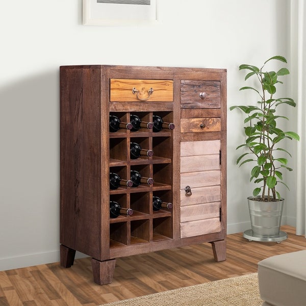 35 Inch 3 Drawer Wooden 15 Bottle Wine Accent Cabinet with 1 Door Storage， Brown