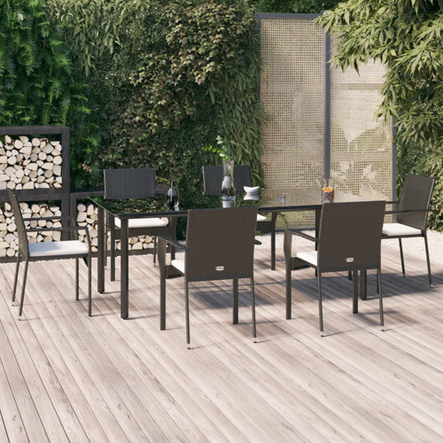 vidaXL Patio Dining Set 7 Piece Table and Chair with Cushions Black Poly Rattan   Tropical   Outdoor Dining Sets   by vidaXL LLC  Houzz