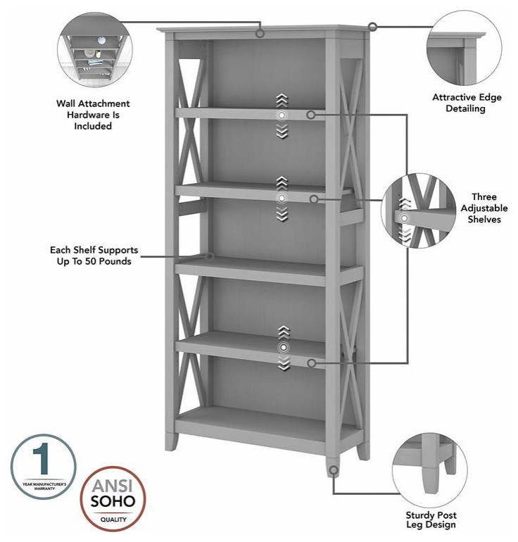 Bowery Hill 5 Shelves Coastal Wood Tall Bookcase in Cape Cod Gray   Transitional   Bookcases   by Homesquare  Houzz