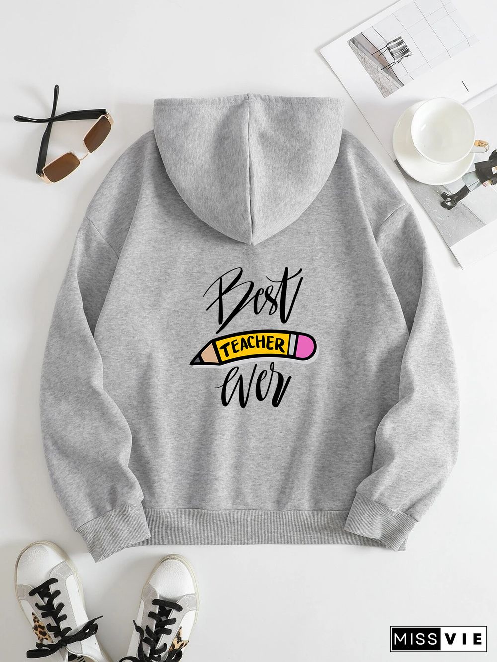 Printed on the Back Kangaroo Pocket Hoodie Long Sleeve for Women Pattern Teacher's Day greetings