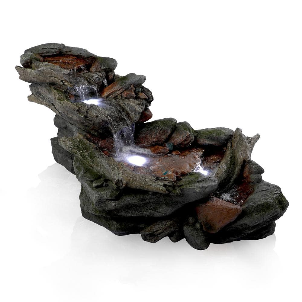 Alpine Corporation 60 in. Long Outdoor 3-Tier Rainforest Rock River Water Fountain with LED Lights WIN558